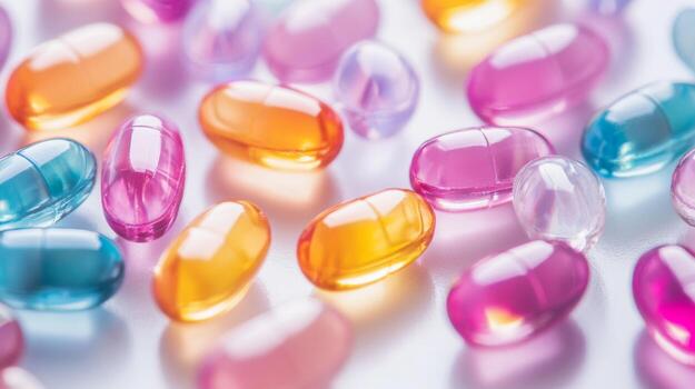 muchos vistoso pastillas son dispersado en un blanco superficie foto