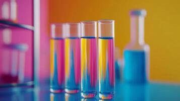 Colorful liquid in test tubes on a table photo