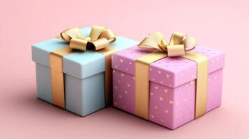 Two pink and blue gift boxes with gold bows on a pink background photo