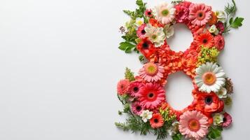 The number eight is made of flowers on a white background photo