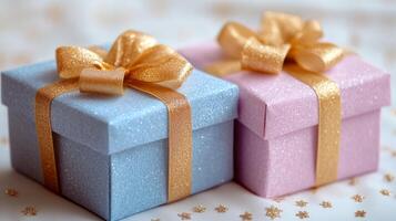 Two small gift boxes with gold bows on a white background photo