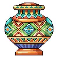 Colorful Pixel Art Vase with Geometric Patterns in Vintage Style vector