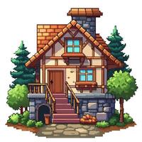Charming Pixel Art Cottage in Forest Setting with Rustic Details vector