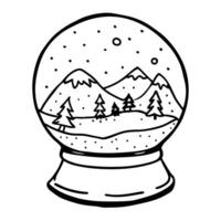 Hand Drawn Snow Globe with Winter Mountain Scene and Pine Trees vector