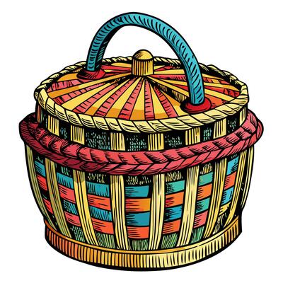 Colorful Vintage Picnic Basket with Lid Retro Hand Drawn Style Illustration