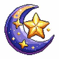 Pixel Art Crescent Moon and Star Illustration with Retro 8 Bit Style vector