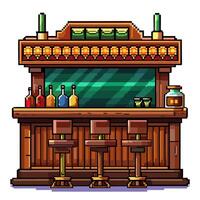 Charming Retro Bar Counter with Bar Stools and Bottles in Pixel Art Style vector