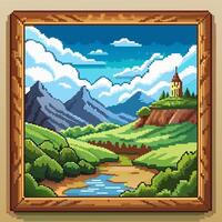 Charming Pixel Art Landscape with Tower, Mountains, and River in a Retro Frame vector