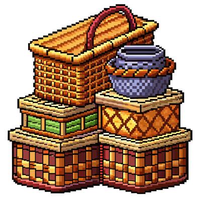 Pixel Art Woven Baskets and Pots Colorful Vintage Design in Retro Style