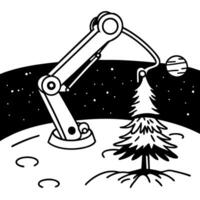 Robotic arm planting a tree on the moon with a planetary backdrop, space exploration concept vector