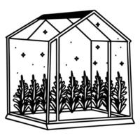 Line art greenhouse with plants under starry night vector