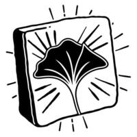Artistic ginkgo leaf in square frame, radiating lines, black and white design vector