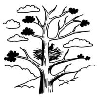 Bird nestled in tree with clouds in the background, simplistic nature illustration vector