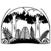 Monochrome forest scene with trees and ferns in a decorative arch vector