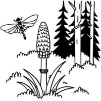 Dragonfly and mushroom in forest, scenic nature drawing with trees and plants vector