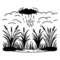 Illustration of rain cloud over marshland with reeds and grass silhouettes vector