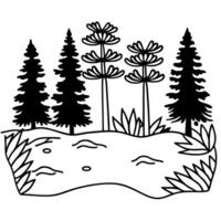 Illustration of pine trees and foliage surrounding a pond in black and white landscape design vector