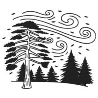 Windy evergreen forest scene with swirling leaves and bending trees vector