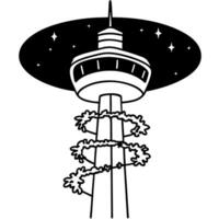 Space themed tower illustration with spiral design and stars in night sky backdrop vector