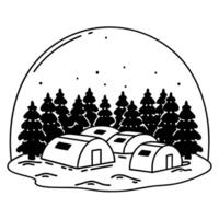 winter snow globe with pine trees and cabins black and white illustration of snowy forest scene vector