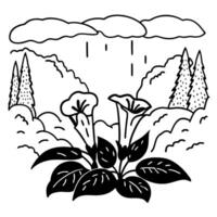Line art nature scene with flowers, rain, and trees in a mountain landscape vector