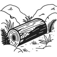 illustration of a wooden log in a forest environment with plants and rocks in a simple line art vector