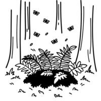 Black and white forest scene with ferns and falling leaves, tranquil nature in outline vector