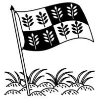Black and white flag with leaf pattern, waving in wind over grassy field simple, modern design vector