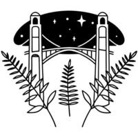 Stylized bridge with stars and leaves illustration in black and white design vector