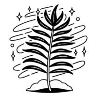 Minimalist palm tree line art with stars and swirling patterns in monochrome vector