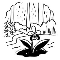 simple line art of forest landscape with flower, trees, and winding path vector