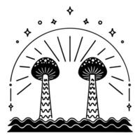 Line art of two stylized mushrooms with starry night and radiant background in black and white design vector
