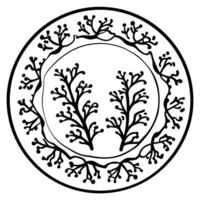 Circular botanical motif design with intricate branches and leaves mandala art with natural, organic elements in monochrome vector