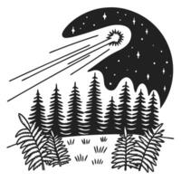 Celestial night scene with comet over pine forest and fern silhouette vector