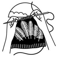 Knitting hands creating patterned fabric with intricate design in black and white illustration vector