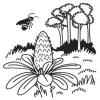 Bee pollinating flower in a forest black and white illustration, nature scene with trees and grassland vector