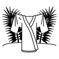 Traditional kimono outline with palm leaves in background, simple black and white illustration vector