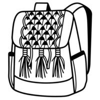 knitted backpack design with tassels black and white illustration, unique pattern detailing vector