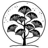 abstract ginkgo tree with celestial circle, black and white art illustration vector