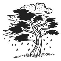 stylized tree illustration with flowing branches and leaves artistic black and white nature drawing, abstract landscape vector