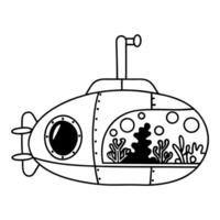 submarine with aquarium interior and periscope, exploring underwater world vector