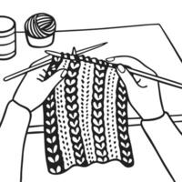 Hands knitting with needles, creating patterned fabric yarn and table setting, crafting hobby vector