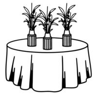 Round table with vases, minimalist arrangement tall plants in bottles, simple elegant design vector