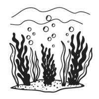 Underwater scene with seaweed and bubbles in simple line art vector