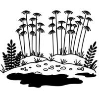 Abstract black pond scene with tall plants and small vegetation, minimalistic artistic landscape design vector