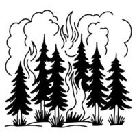 Black and white forest with evergreen trees and flames vector