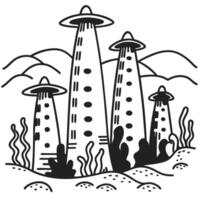 abstract ufo landscape with alien towers and mountain backdrop surreal extraterrestrial scene in black and white illustration vector