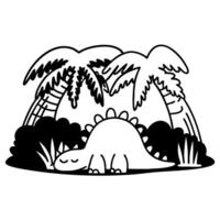Cute sleeping dinosaur illustration with palm trees and bushes, playful and whimsical nature scene vector