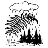 Fern leaf sheltering forest in rainstorm dramatic nature scene with rain clouds and evergreen trees vector