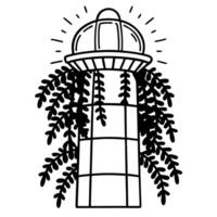 Lighthouse and foliage beacon structure with cascading plants in linear illustration vector